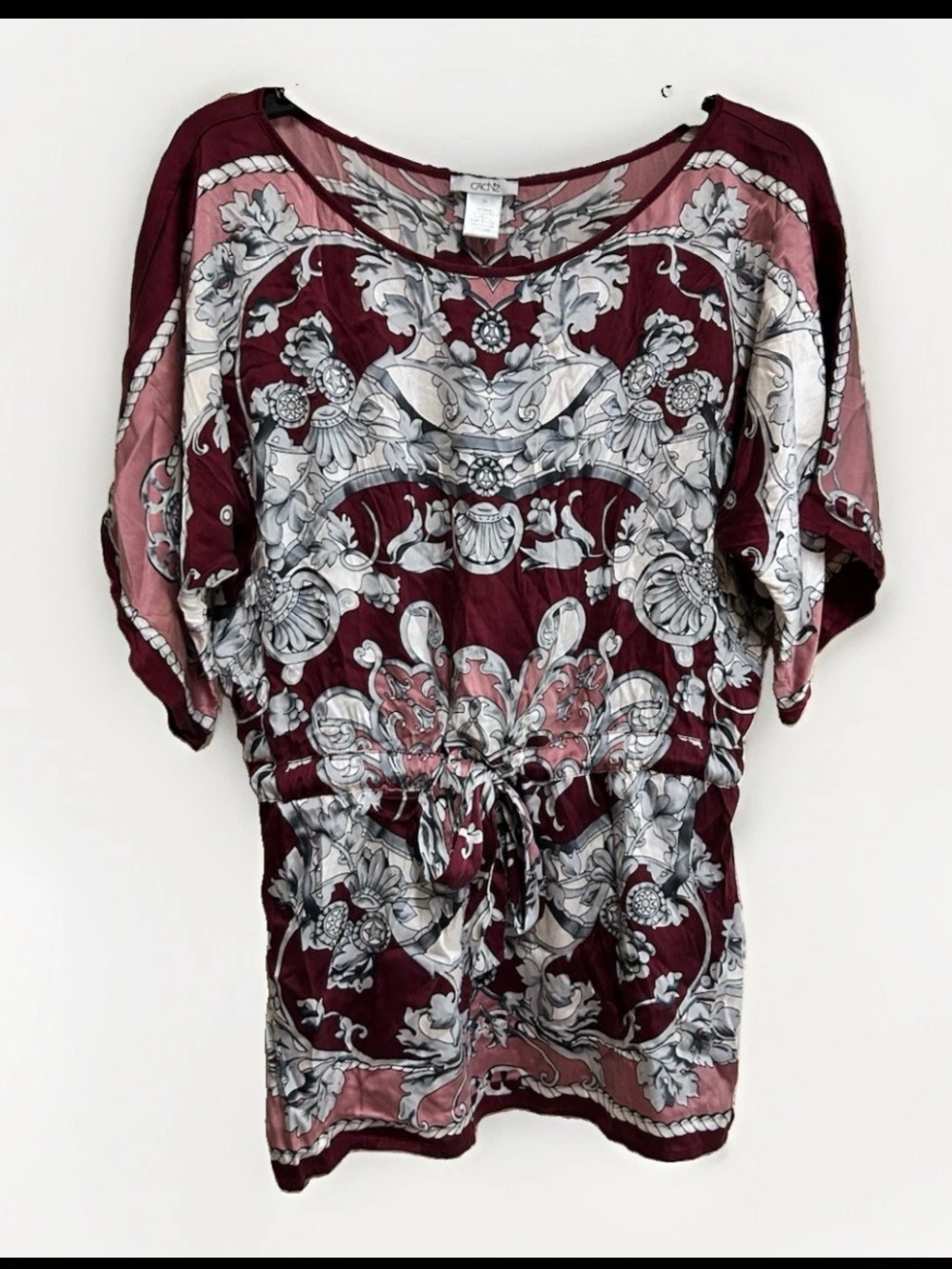 Cache Tunic Top Size Medium Silk Kimono Sleeve Drawstring Waist Resort Wear